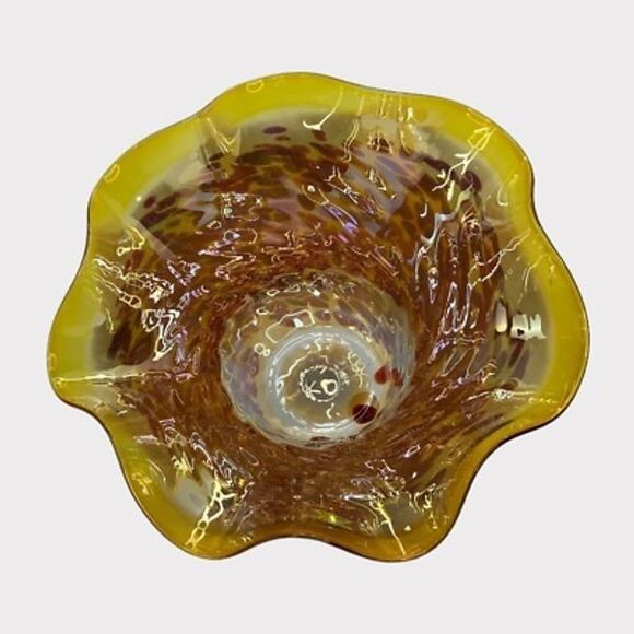 Wimberley Glass Works Art Bowl Vase Ruffled Scalloped Edges Amber Red Signed New - Picture 9 of 12